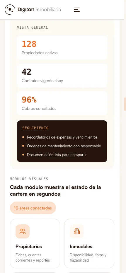 La misma operación dentro de la plataforma: propiedades activas, contratos vigentes, cobros conciliados y los módulos de la cartera