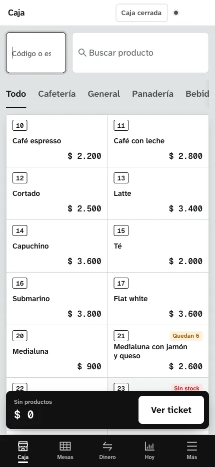 Caja de minigest: productos de una cafetería con su precio y stock, organizados por categoría, y el panel para abrir la caja con el fondo inicial